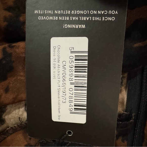 Pretty Little Thing Chocolate Abstract Puff Sleeve Frill Hem Tea Dress 10 NWT - Picture 9 of 10